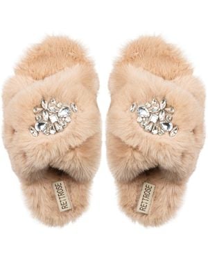 Rettrose Neutrals Audrey Mink Luxury Plush Diamanté Embellished Handmade Slipper - Natural