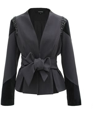 Smart and Joy Bi-Material Blazer And Knotted Belt With Embroideries - Black