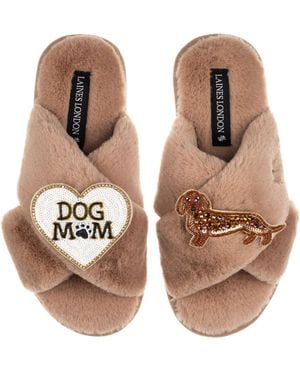 Laines London Neutrals Classic Laines Slippers With Dog Mum/Mom & Dachshund Brooches - Brown