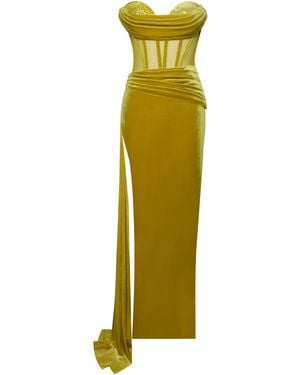 Miss Circle New York Octavia Draping Crystal Corset High Slit Velvet Gown - Yellow