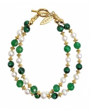 Farra Gemstone With Freshwater Pearl Double Layers Bracelet - Green