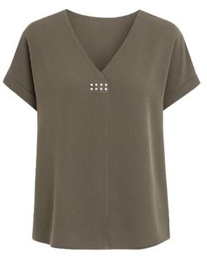 Conquista Khaki V Neck Top With Metallic Motif - Green