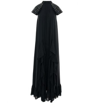 concept A trois Long Dress With Cascading Slits And Ruffles, Sequined Details - Black