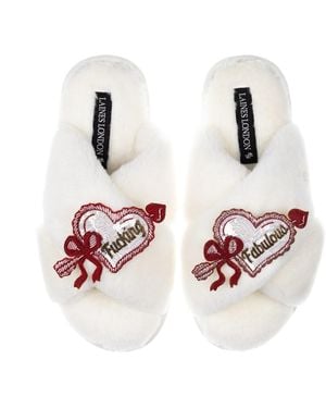 Laines London Neutrals Classic Laines Slippers With Fucking Fabulous Hearts Brooches - White