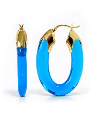 Gold & Honey Topaz Carved Oval Lucite Birthstone Hoop Earrings - Blue