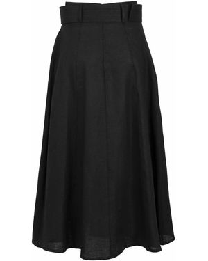 Exquise Belted Flared Midi Linen Skirt - Black