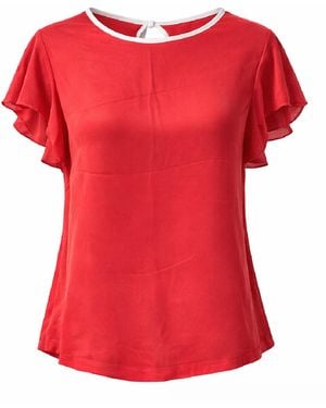 Conquista Flowing Short-Sleeve Top With Contrast Trim & Keyhole Back - Red