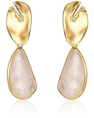 Rare Matters Jewelry Golden Leaf Clear Quartz Drop Earrings - Metallic