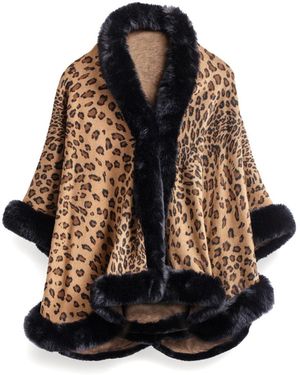 Saachi Cheetah Print Burly Wood Kimono Faux Fur Cape - Brown