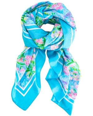 Evelyn & Kate Elegant All Silk Scarf, Peony Pattern - Blue