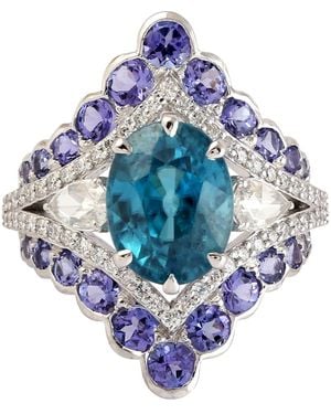 Artisan Rose Cut Diamond & Oval Cut Zirconia With Tanzanite In 18k White Gold Victorian Ring - Blue