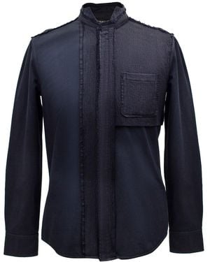 Smart and Joy Bi-Material Shirt With Tied Stand-Up Collar - Blue