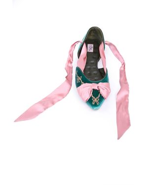 Natalia Petruch Clotilde Velvet Embroidered Flats With Silk Bow & Straps