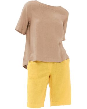 Haris Cotton Neutrals Solid Linen Blouse With Split Hem Beach Sand - Yellow