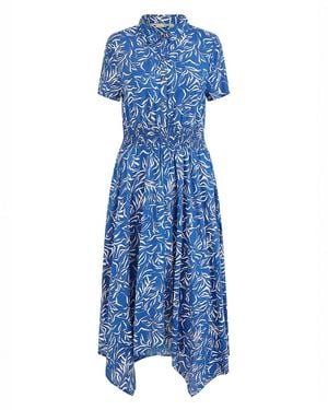 Yumi' Leaf Print Dip Hem Midi Shirt Dress - Blue