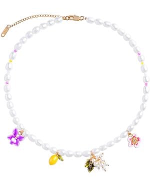 My Little Nature Flower Charms Beaded Necklace With Freshwater Natural Pearls - White