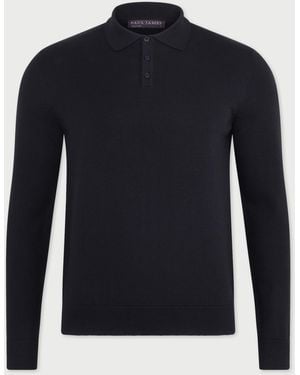 Paul James Knitwear Lightweight Cotton Hall Long Sleeve Knitted Polo Shirt - Blue