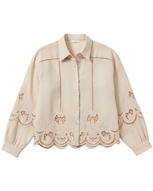 LAtelier London Neutrals Laser-Cut Embroidered Cotton Shirt - Natural