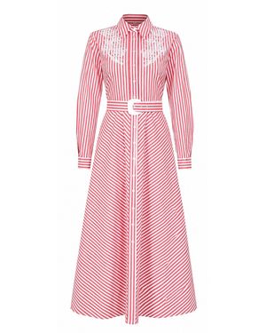 Exquise Embroidered Collared Midi Dress With Belt & Long Sleeves - Pink