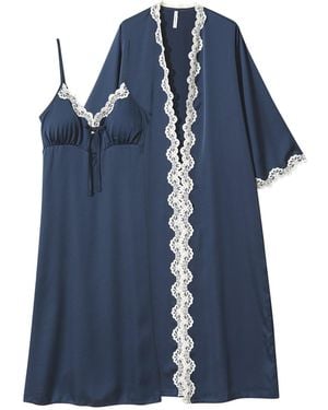 Luna Luz Clara Silk-Satin Slip & Robe Set - Blue