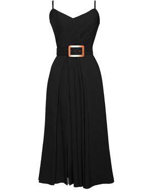 ALINA CERNĂTESCU Simba Classic Linen Draped Cocktail Midi Dress With Front Slit And Pockets - Black