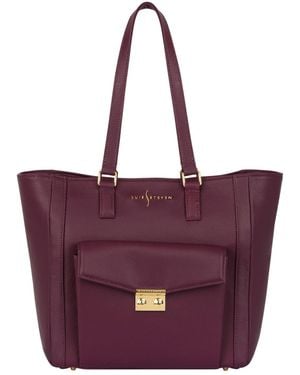 Luis Steven Classic Tote With Pocket- Burgundy Pebble Leather - Purple