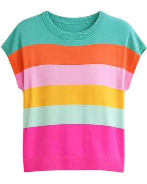 Yumi' Multicolour Block Stripe Relaxed Knitted Top - Pink