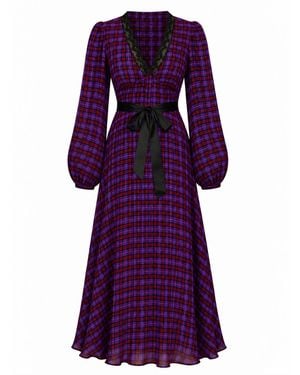 Rose & Nancy Chloe Check Lace Trim Tie Waist Maxi Dress - Purple