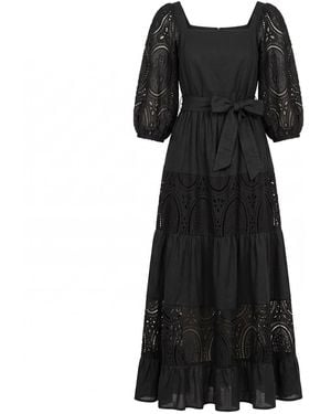 Tantra Spain Sl Maxi Dress With A Square Neckline And Lantern Sleeves, Made Of Batiste And Lace - Black
