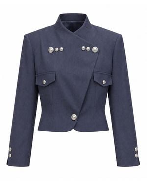Julia Allert Cropped Wrap-Front Stand Collar Blazer - Blue