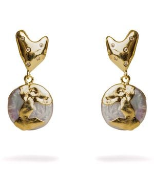Ebru Jewelry Love Melted & Diamond Heart Stud Pearl Drop Earrings - Metallic