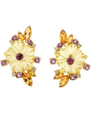Artisan Carved Lemon Quartz, Citrine, Rhodolite Garnet & Diamond Floral Earrings - Metallic