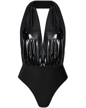 LIA ARAM Faux-Leather Halterneck Bodysuit With Open Back - Black