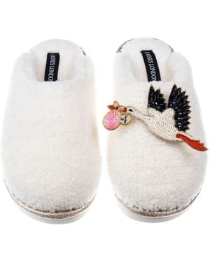 Laines London Neutrals Cream Teddy Closed Toe Slippers With Baby Girl Stork Brooches - White