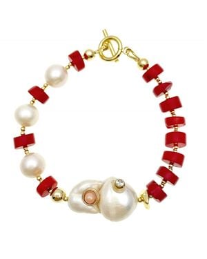 Farra Corals With Studded Baroque & Freshwater Pearls Bracelet - Red