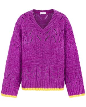 Cara & The Sky Zoe Pointelle V Neck Wide Sleeve Jumper - Purple