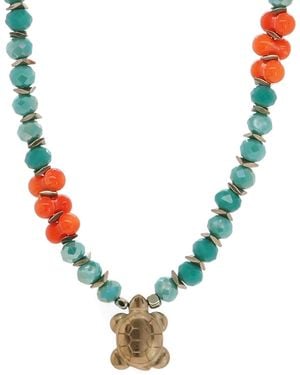 Ebru Jewelry Turtle Blessing Crystal & Coral Beaded Necklace - Blue