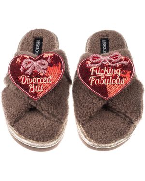 Laines London Neutrals Laines Neutral Boucle Slippers With Divorced But Fucking Fabulous Brooches - Red