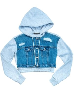 Circular Path Crop Denim Hoodie - Blue