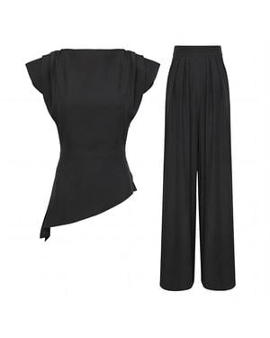 BLUZAT Elegant Fluid Viscose Crepe Set With Structured Shoulder Top And Palazzo Pants - Black