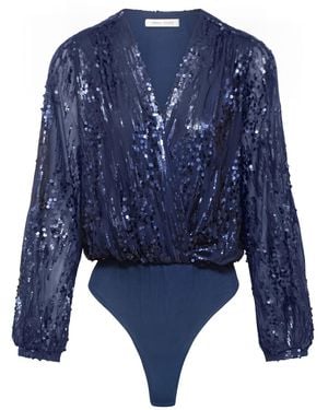 Urban Touch Sequin Wrap Bodysuit With Long Sleeve - Blue