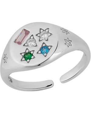 Spero London Kaleidoscope Gemstone Multicolour Round Sterling Adjustable Signet Ring - Metallic