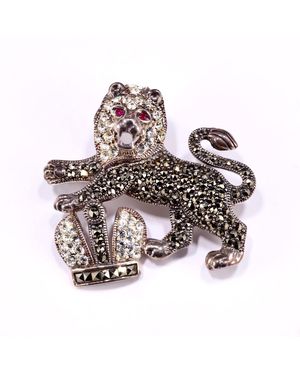 Mineralgems•Studio Heraldic Lion Brooch With Marcasite And Rubies - Multicolor