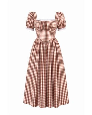 Echo of Pink Solene Gingham Hand Block Print Cotton Midi Dress - Red