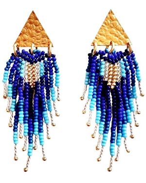 Iliana Arrazola Triangle Fringe Dangle Earrings, Glass Beads, Beaded Jewellery - Blue