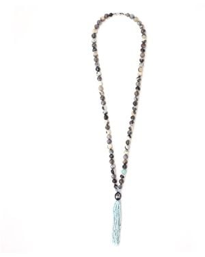 Shar Oke Neutrals Natural Amazonite & Larimar Tassel Beaded Necklace - Metallic