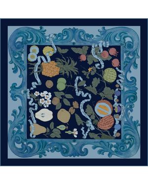 Wenzi Fruitful Elegance Hand Painted Pattern Double Sided Silk Twill Scarf - Blue