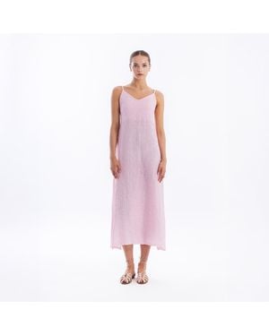 Haris Cotton Maxi Striped Linen Dress With Straps And Slits - Pink
