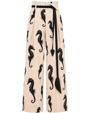 Julia Allert Neutrals Ivory Seahorse Print Wide Leg Trousers With Belt – Capsule Edition - Natural