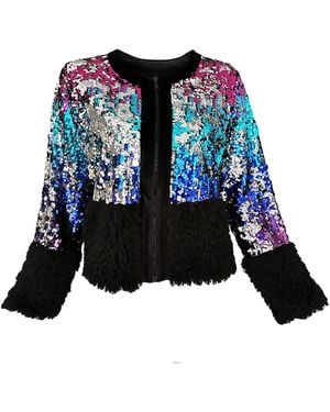 Lalipop Design Double-Sided Sequined Bomber Jacket With Velvet & Faux-Fur Details - Blue